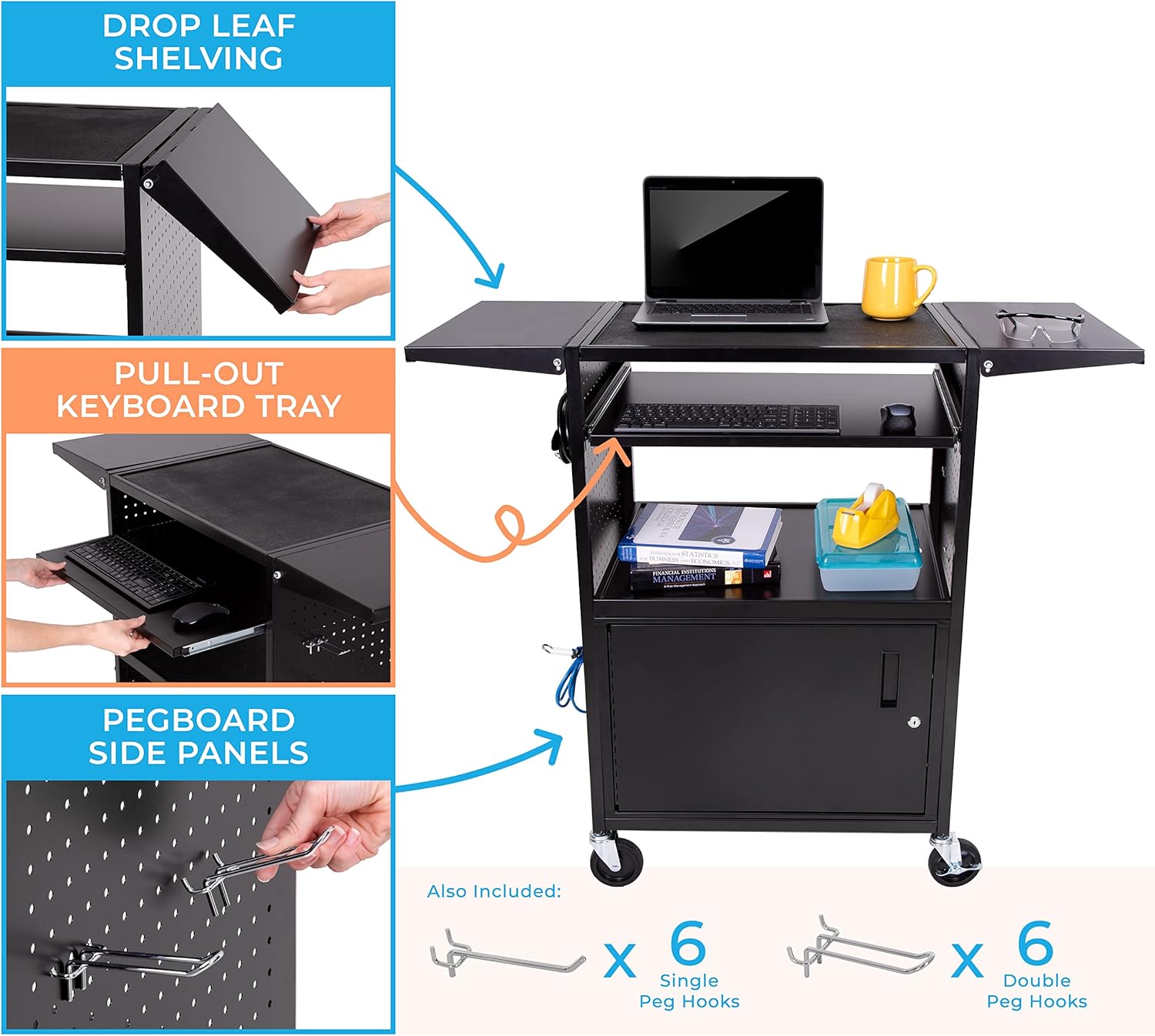 Line Leader Stellar AV Cart | Computer Cart with Pegboard Siding & 12 Hooks for Customizable Storage | Locking Cabinet & Pullout Keyboard Tray | UL Safety Certified Power Outlets | Locking Wheels