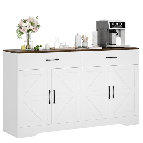 55" Sideboard Buffet Cabinet with Storage, Large Kitchen Storage Sideboard with Drawers & Doors, Modern Wood Farmhouse Coffee Bar Cabinet, Buffet Table for Kitchen, Dining Room, Living Room, White