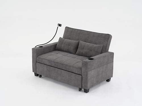 3 in 1 Convertible Sleeper Sofa Bed, Pull Out Sofa Bed with USB Charging Cupholders Adjustable Backrest, Sleeper Sofa Couch Bed for Living Room Apartment Small Space (Green)