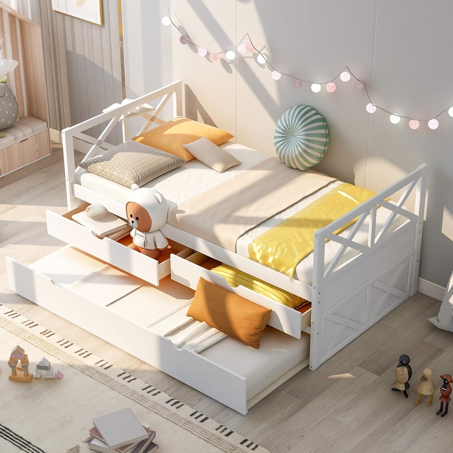 Twin Captain's Bed, Twin Daybed with Trundle and 2 Storage Drawers, Wood Twin Platform Bed Frame with Headboard and Footboard for Kids Teens Adults, No Box Spring Need, Easy Assembly, White