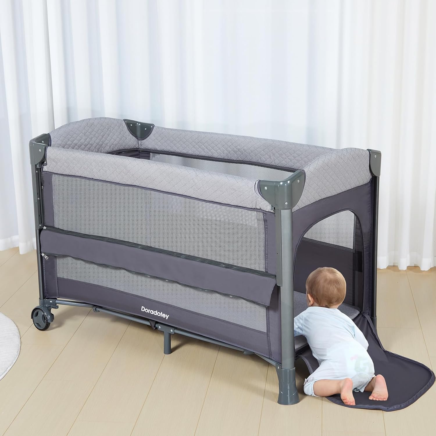 5 in 1Pack and Play, Portable Pack and Play with Mattress, Baby Pack and Play Easy to Assemble Fully Equiped, Toddler Travel Pack and Play Large Playard, 3 Layers,Diaper Caddy, Musical Toy Bar