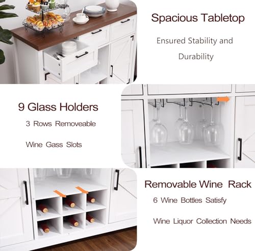 48” Farmhouse Buffet Cabinet - Sideboard with 3 Drawers, 2 Barn Doors, Wine & Glass Rack, Storage Shelves, Ideal for Dining Room, Kitchen, Living Room