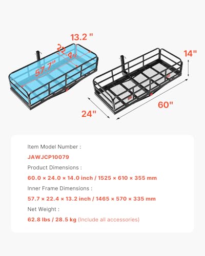 VEVOR 70" x 30" x 6", Hitch Cargo Carrier, 500 lbs Capacity with Nighttime Reflective Reminder, Folding Hitch Mount Cargo Carrier Basket with Hitch Lock for 2" Receiver, Fit for SUVs