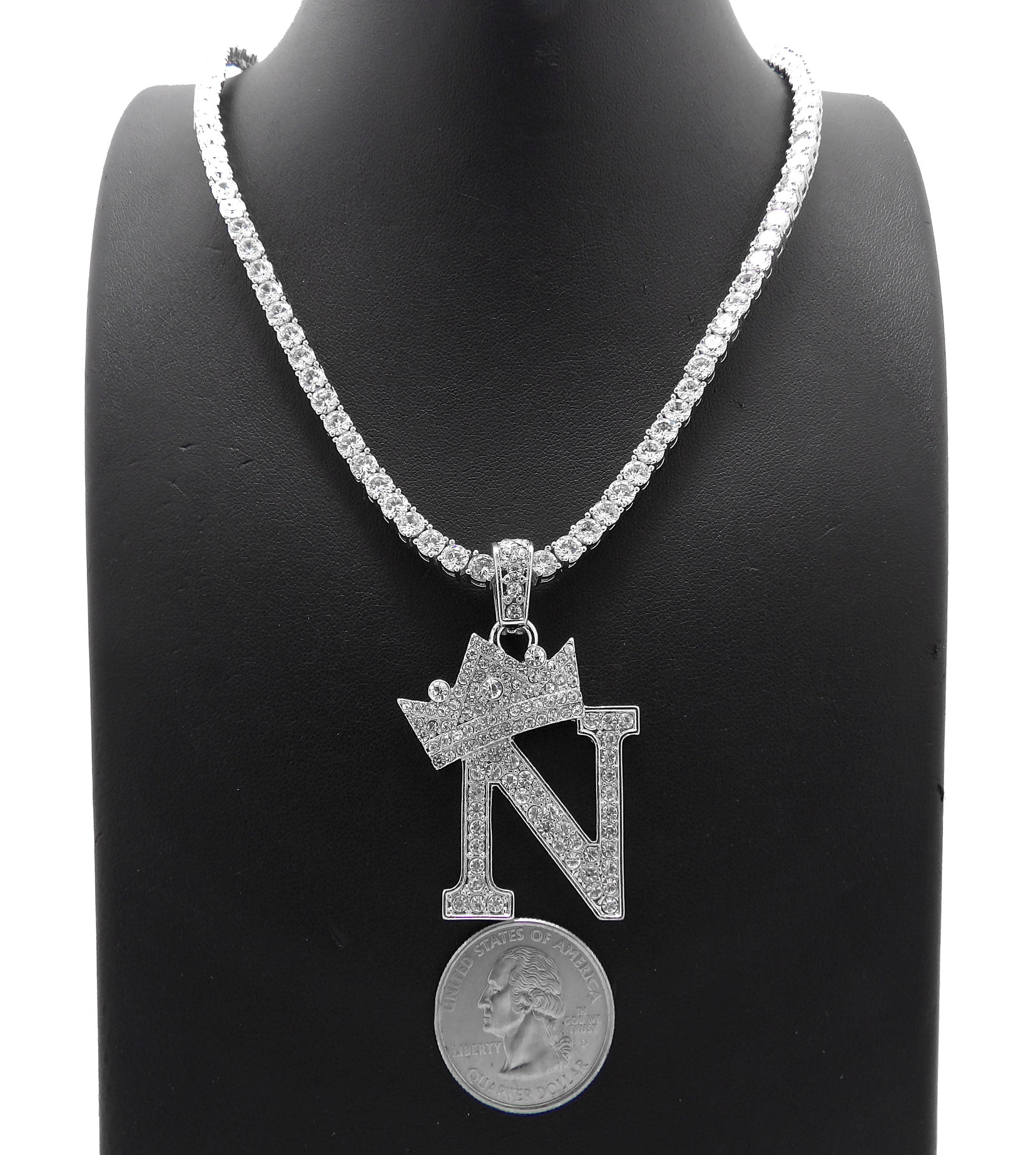Iced Out Crown Initial Letter Pendant 4mm/18",20" Ice CZ Tennis Chain Hip Hop Necklace ( Silver N 20" )