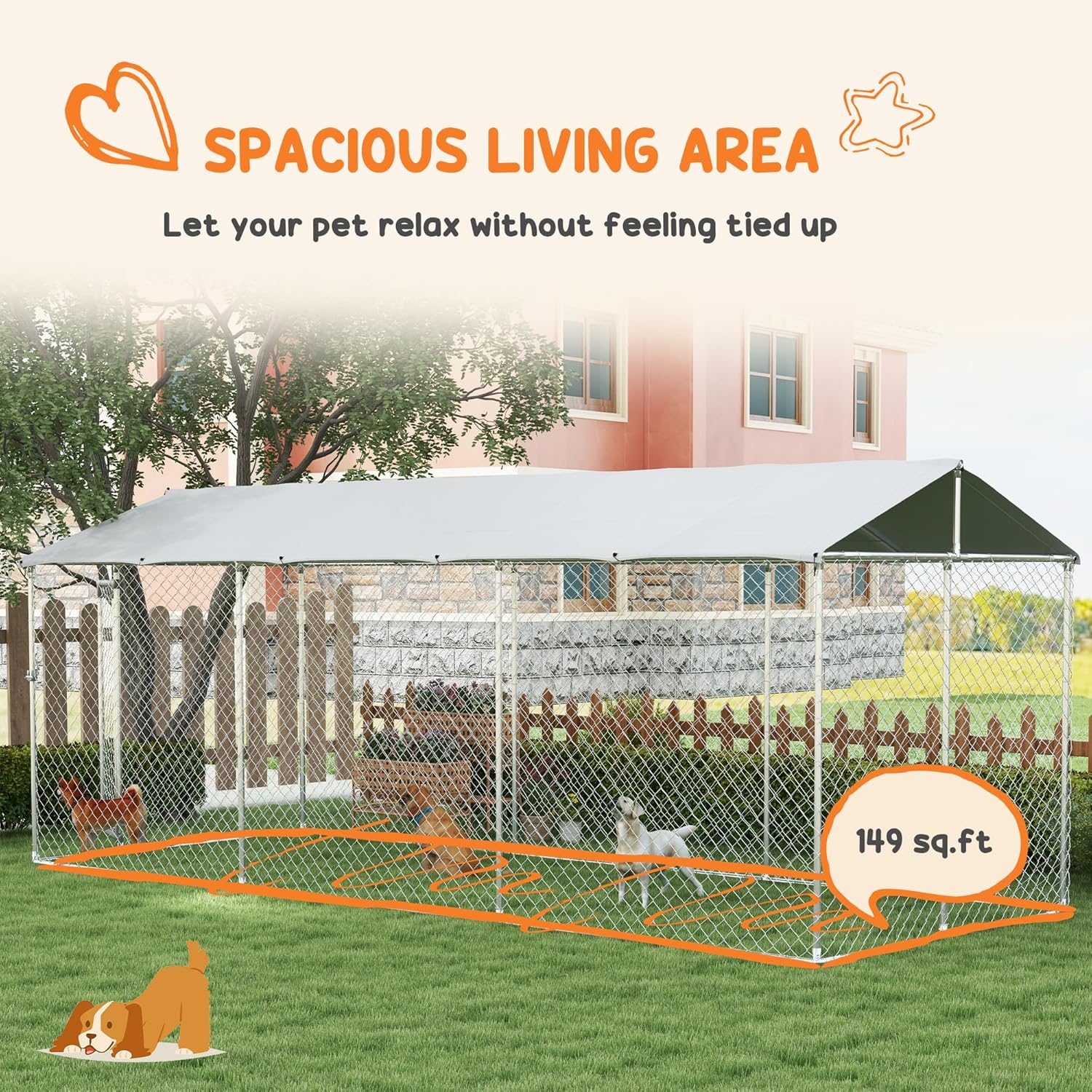 PawHut Large Dog Kennel Outside, Heavy Duty Dog Cage with Waterproof Cover, Outdoor Fence Dog Run with Galvanized Chain Link, Secure Lock, 19.7' x 7.5' x 7.5'