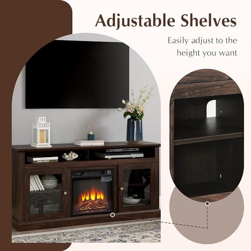 Farmhouse Fireplace TV Stand for TVs Up to 65'', Rustic Entertainment Center with 18" Electric Fireplace, Wood Media Console Cabinet for Living Room, (Brown, 65 Inch Fireplace TV Stand)
