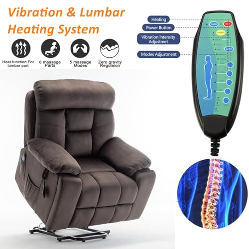 Power Recliner Lift Chair for Elderly - Extra Wide Recliner Lift Chair with Heat and Massage Suit for Big and Tall Man, Lay Flat Recliner Chairs for Elderly, Remote Control (Brown)