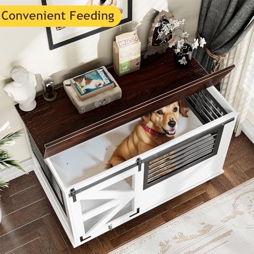 48'' Dog Crate Furniture with Removable Divider & Storage Drawers, Wooden Double Dog Cage TV Stand with 2 Sliding Barn Doors, Multi-Functional Dog Crate End Table for Indoor use (White)