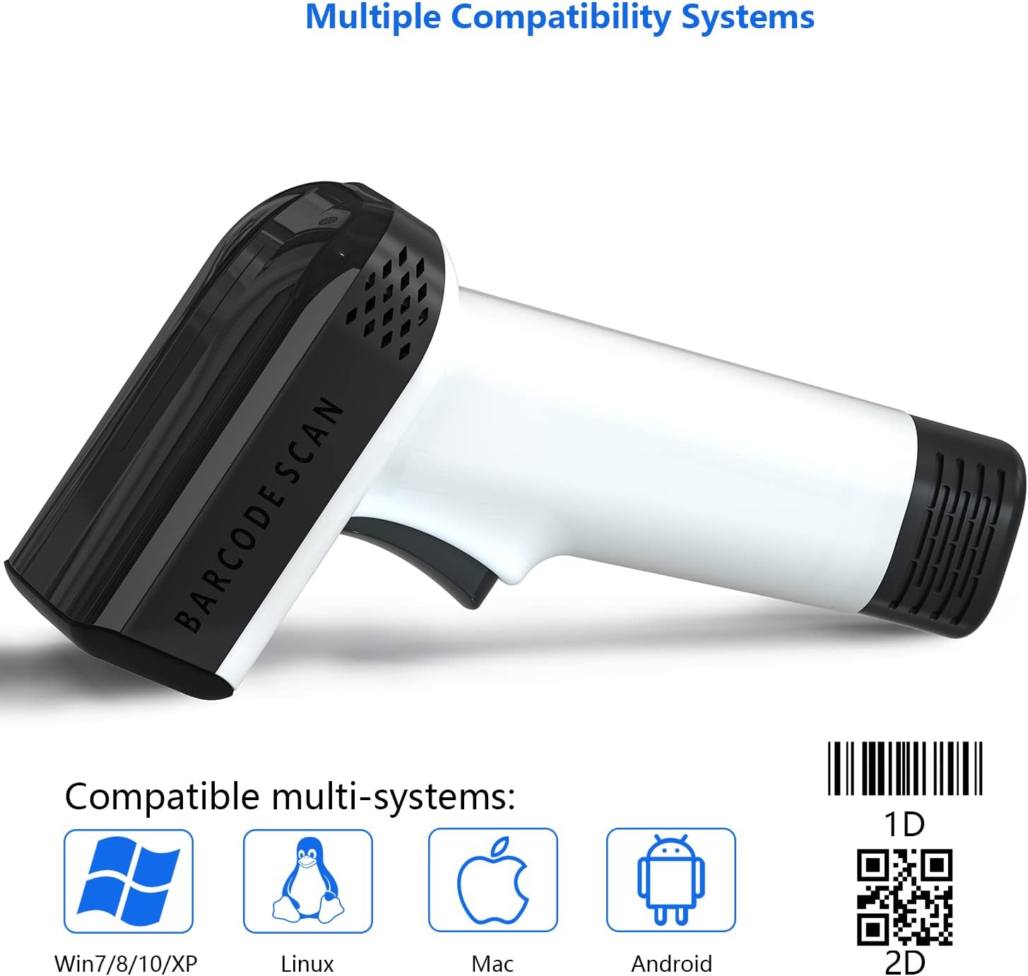 CHITENG Barcode Scanner Wireless, 1D/2D QR Code Scanner for PC, Handheld Bar Code Scanner with Vibration Alert, Plug & Play, USB Scanner Barcode for Warehouse, Supermarket, Store - White