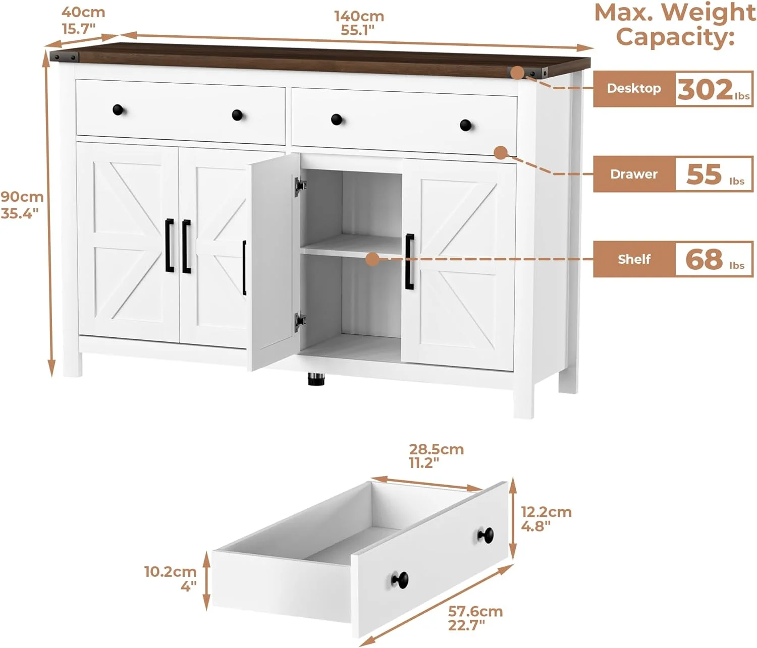 NLIBOOMLife 55" Sideboard Buffet Cabinet with   Coffee  Cabinet with 2 Drawers and 4 Barn Doors  Long  Cabinet Modern Farmhouse  White Wood  for Kitchen  Dining Room  Living Room