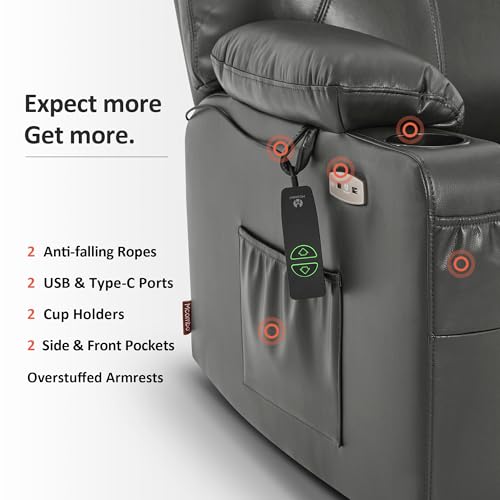 MCombo Power Lift Recliner Chair for Elderly, Lift Chair with Heat and Massage, FSC Certified, USB Ports, Cup Holders, Faux Leather 7040 (Black, Medium)