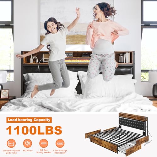 EnHomee Queen Bed Frame with 4 Drawers Bed Frame Queen Size with Headboard Loads 1100LBS Upholstered Queen Size Bed Frame with Charging Station, Queen Bed Frame with Storage, No-Noise