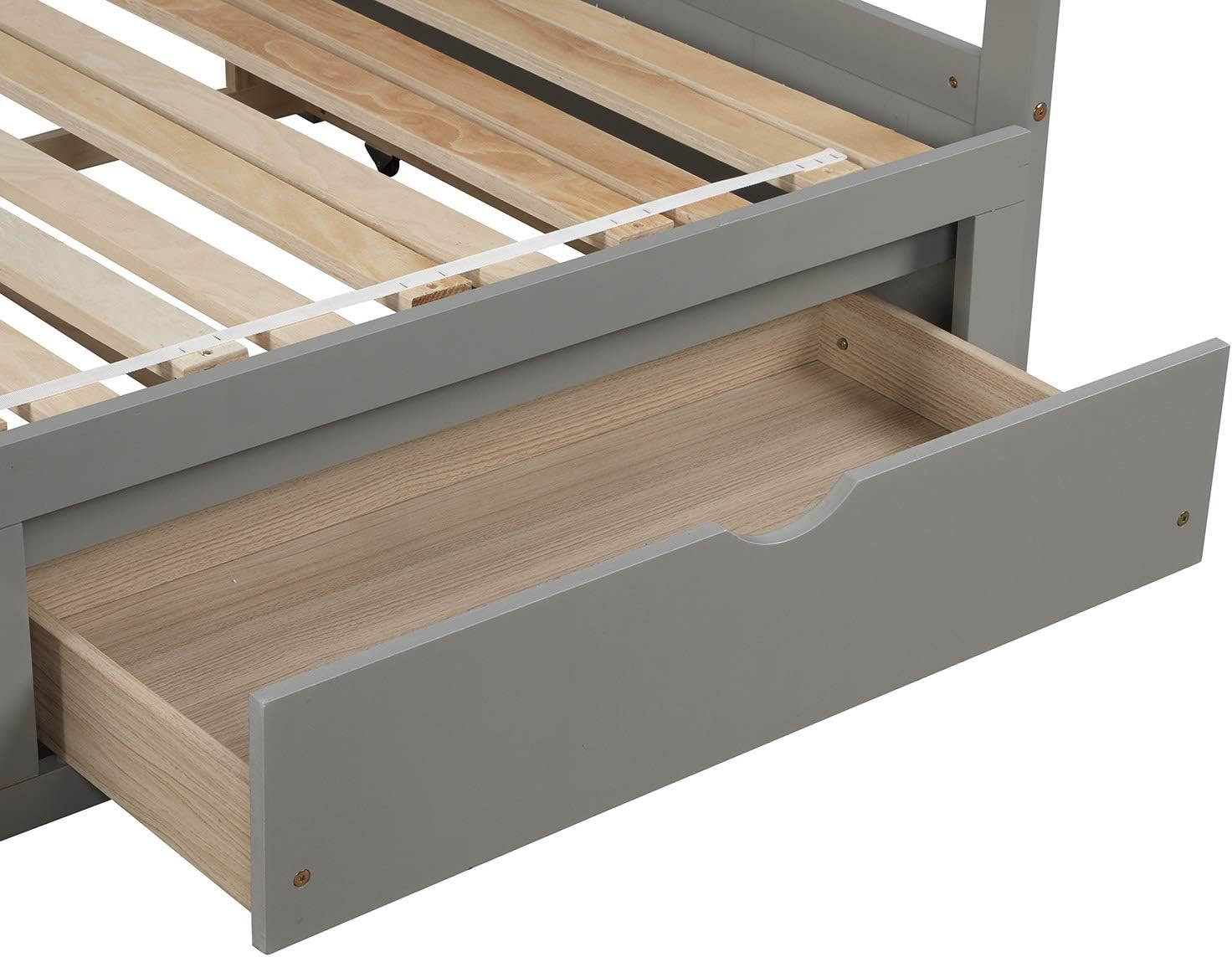 Wooden Daybed with Trundle Bed and Two Storage Drawers, Extending Bed Daybed for Kids Teens Adults, Wooden Daybed with Storage Drawers Twin to King Design, No Box Spring Required, Grey