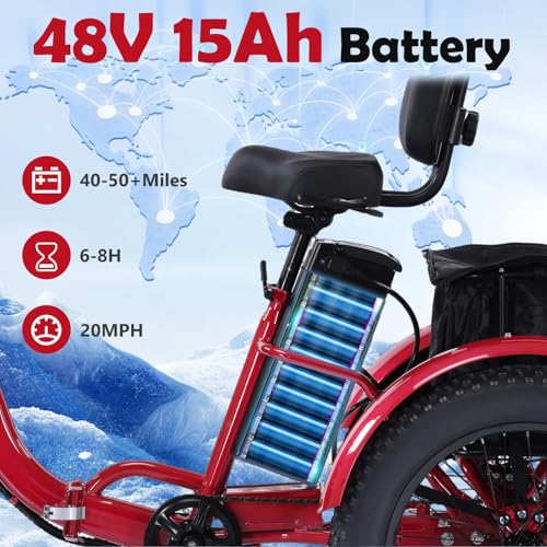 Electric Tricycle for Adults, Peak 750W/500W, Electric Trike, 20"x4.0" Folding Fat Tire 3 Wheel Electric Trike, Max 20MPH,with Large Basket and 48V 15/13 Ah Removable Battery