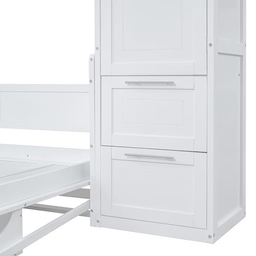 SOFTSEA Queen Size Horizontal Murphy Bed, Queen Murphy Bed with Desk Wardrobe Storage Shelf, Queen Hideaway Wall Bed with Drawers Space-Saving for Guest Room Bedroom or Office, Gray