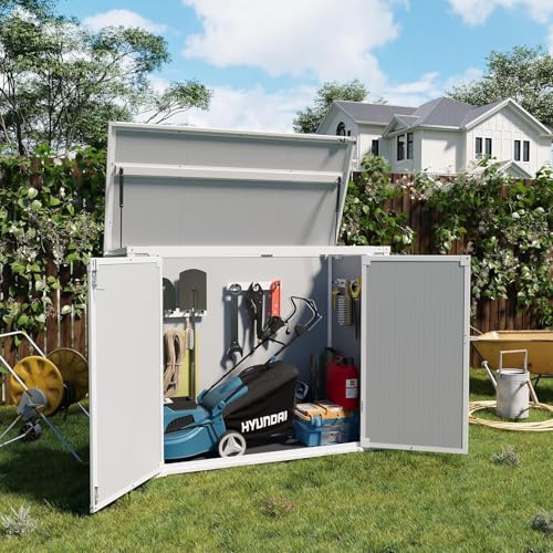 41 Cu.Ft Horizontal Outdoor Storage Box Plastic Shed, Trash Can Sheds Weatherproof Resin Shed with Floor Thickened & Gas Spring & Lockable Doors for Tools, Lawn Mower Storage