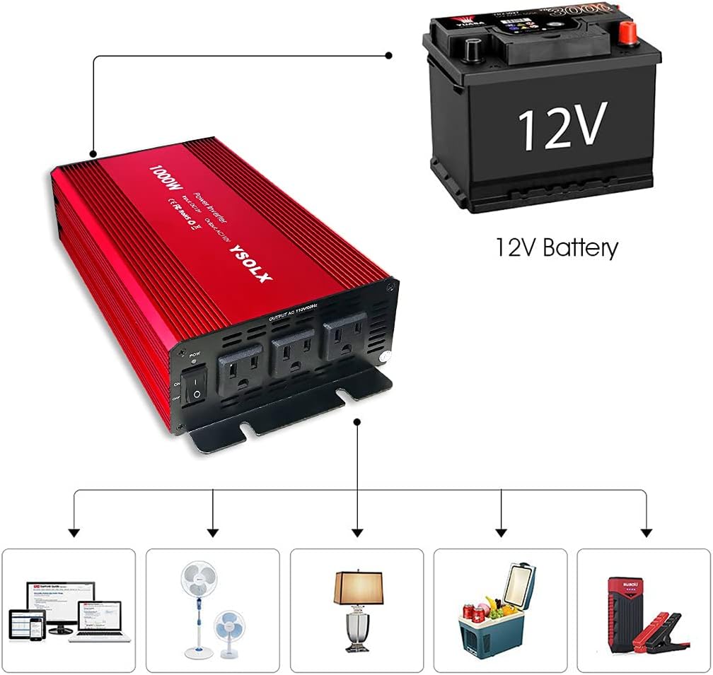 Power Inverter 12v to 110v, Dc to Ac Converter with 3 AC Outlets, 1000 watt Inverter for Car/RV/Home