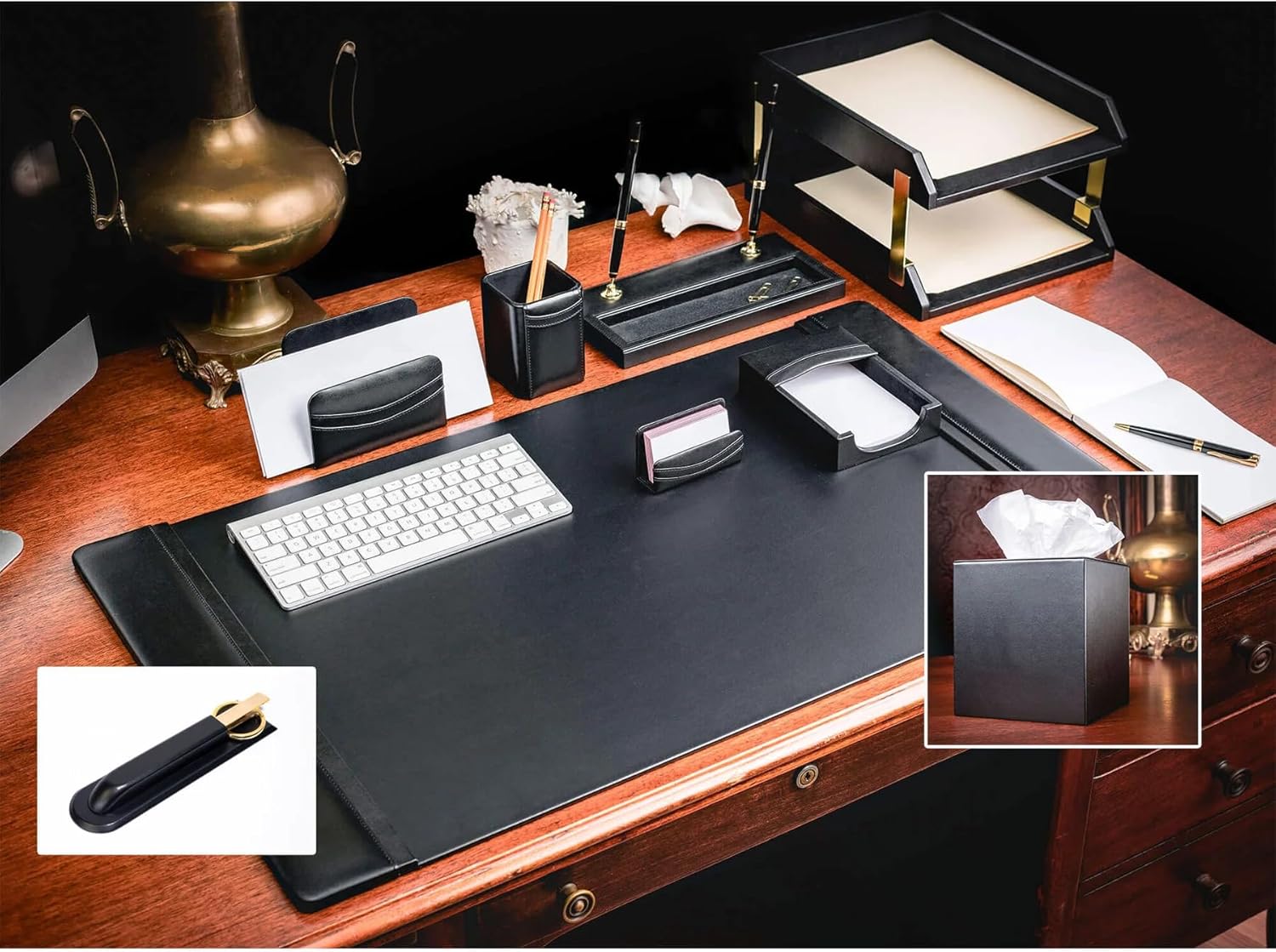 DACASSO Black Leather 11-Piece Desk Set - Luxury Leather Desk Pad & Desk Organization Essentials - Office Organization & Executive Desk Decor - (Gold Accent)