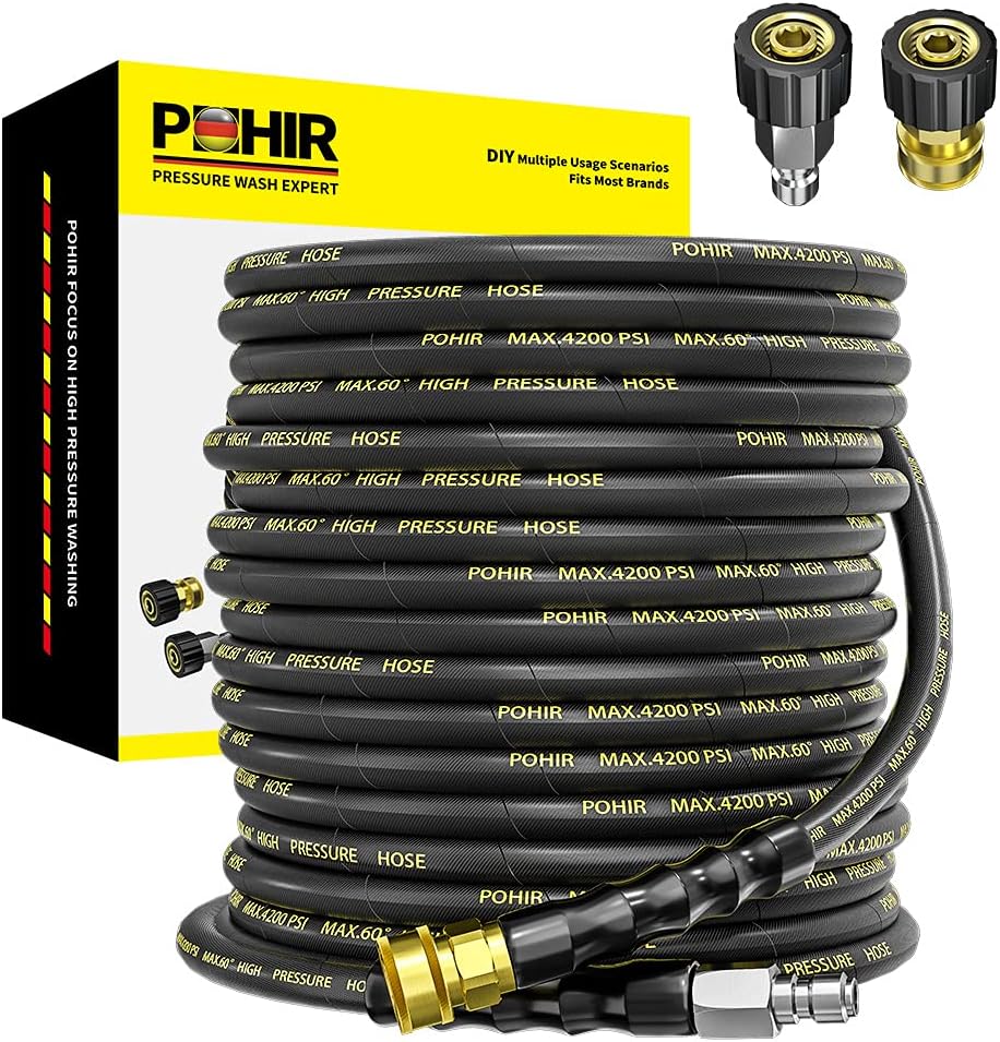 POHIR Pressure Washer Hose 70 ft with 3/8 Quick Connect, High Tensile Wire Braided Kink Resistant Pressure Washer Hose 4200 PSI, with 2pcs M22 14mm Quick Connect 3/8 Multi-Scene Use Pack of 2