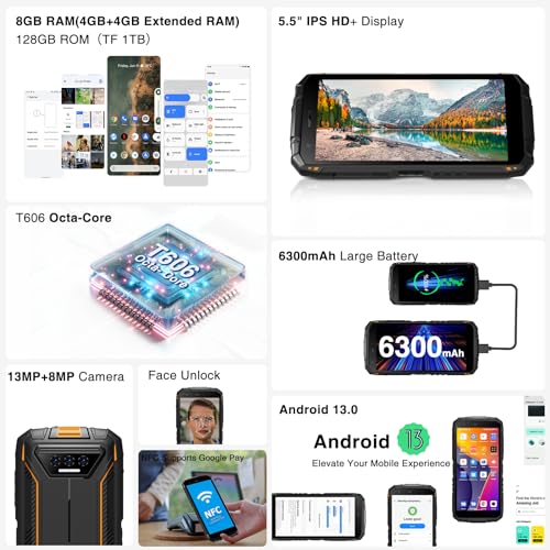 DOOGEE S41 Plus Rugged Smartphone 2024,128GB/TF 1TB,Android 13 Smartphone,IP68 Waterproof Phone,6300mAh Battery,Octa Core,AI Main Camera Rugged Phone,5.5" IPS HD+ Display,Face Unlock,OTG/NFC