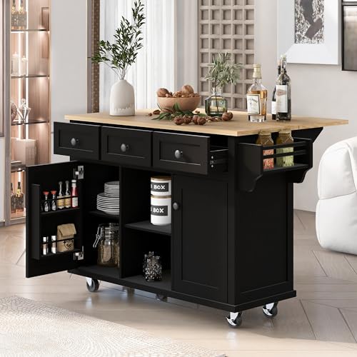 53.5Inch Kitchen Island with Power Outlet, Storage Cabinets Trolley with Drop Leaf, Spice Rack and Drawer, Rolling Kitchen Cart on Wheels, for Farmhouse and Dining Room, Black