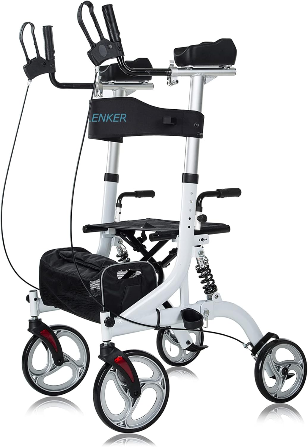 ELENKER Upright Rollator Walker, Stand Up Rollator Walker with Shock Absorber, 10” Front Wheels and Carrying Pouch, Suitable for Outdoor, Red
