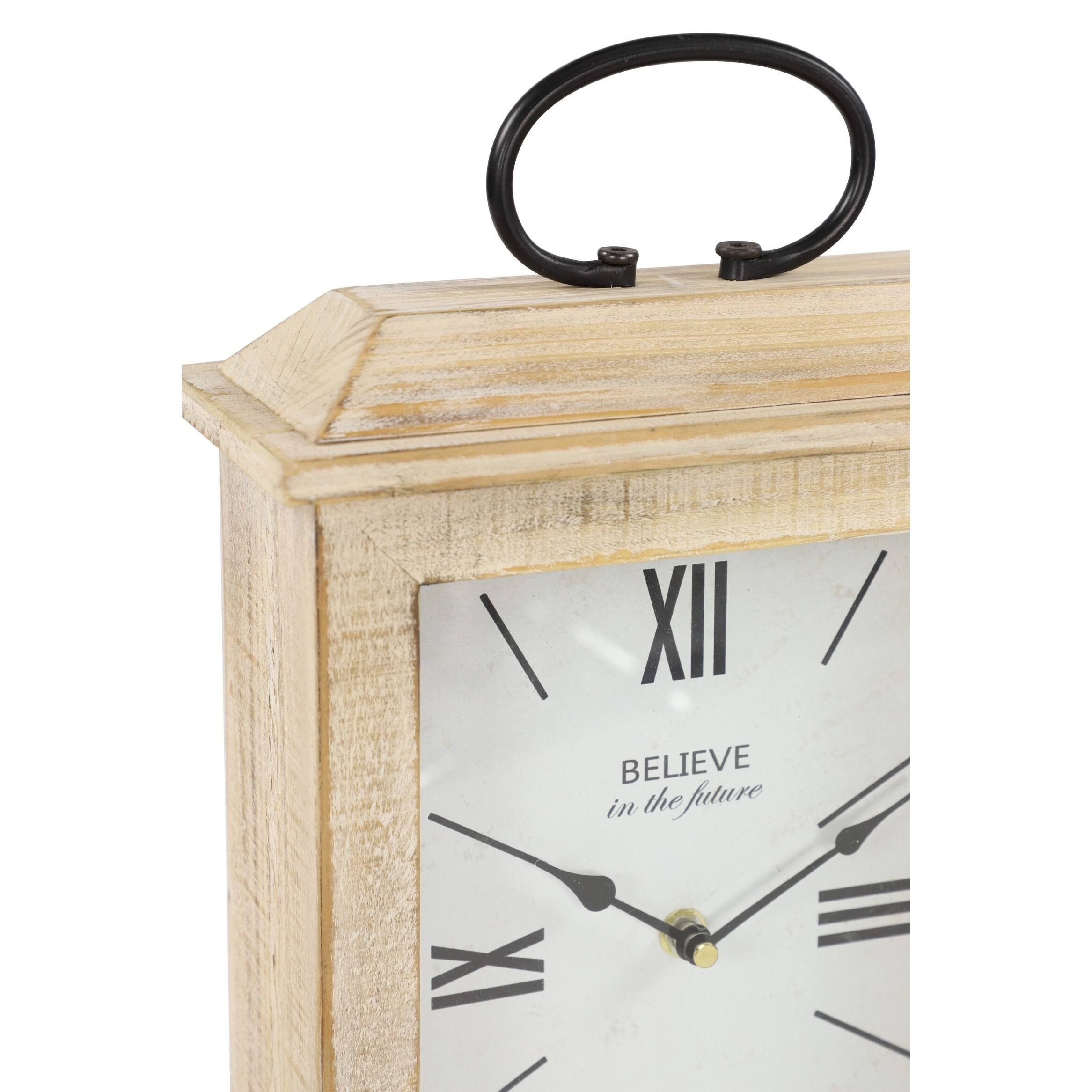 Rectangular Beige Farmhouse Style Wooden Table Clock w/ Whitewash Finish