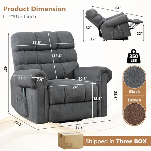 ANJ Large Power Lift Recliner Chair with Massage and Heat for Elderly Big People, Electric Wide Recliners, Heavy Duty and Safety Motion Fabric Reclining Mechanism with USB Ports, Side Pocket, Camel