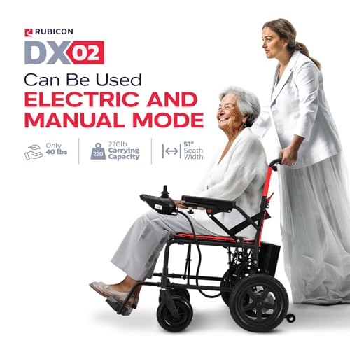 Rubicon DX02- Lightweight (Only 40lbs) Foldable Electric Wheelchair for Seniors - 12 mi Long Cruise Range with 500W Powerful Motor - Airline Approved with Detachable Battery (Model1)