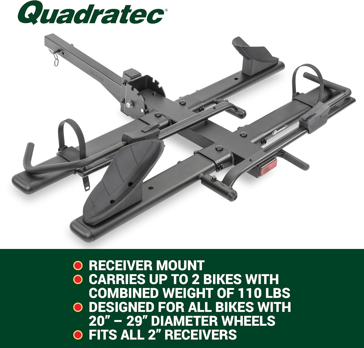 Quadratec Deluxe 2-Bike Hitch Mount Bike Rack for eBikes - Supports Heavy Electric Bikes & Fat Tires Up to 4" Wide - Swing Away & Folding Feature - Fits Jeep Wrangler, SUVs, RVs, Trucks, & Trailers