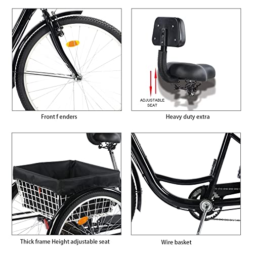 EMYJAY Tricycle for Adults, 24 inch Three-Wheeled Bicycles Cruiser Trike 3 Wheels Bike with Large Basket for Shopping Picnic Outdoor Sports Men Women
