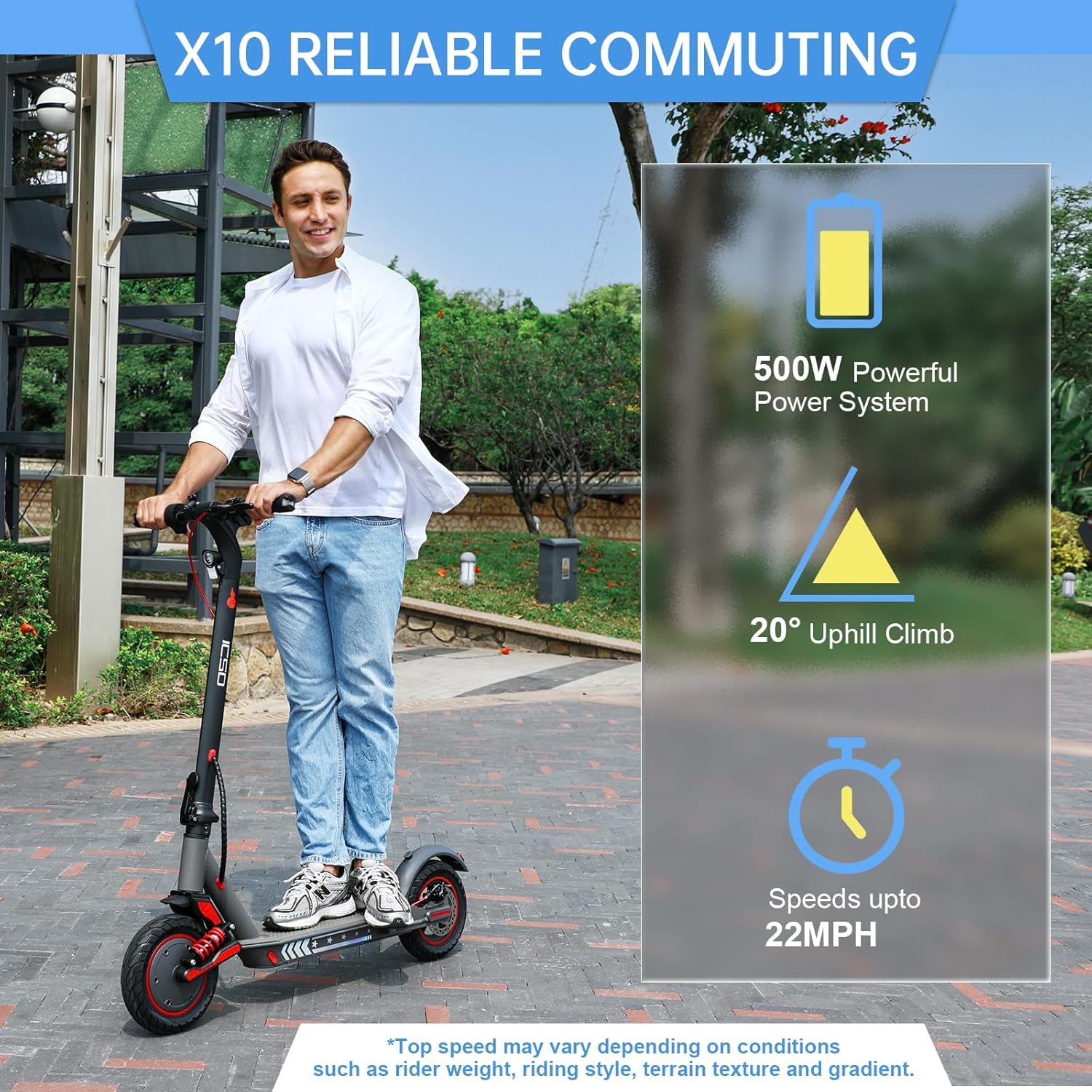 X10 Electric Scooter for Adults, 10" Solid Tire, 22 MPH Max Speed by 500W Motor, Front suspensions, Long Range Portable Folding Commuting Electric Scooter with Turn Signal, APP Control
