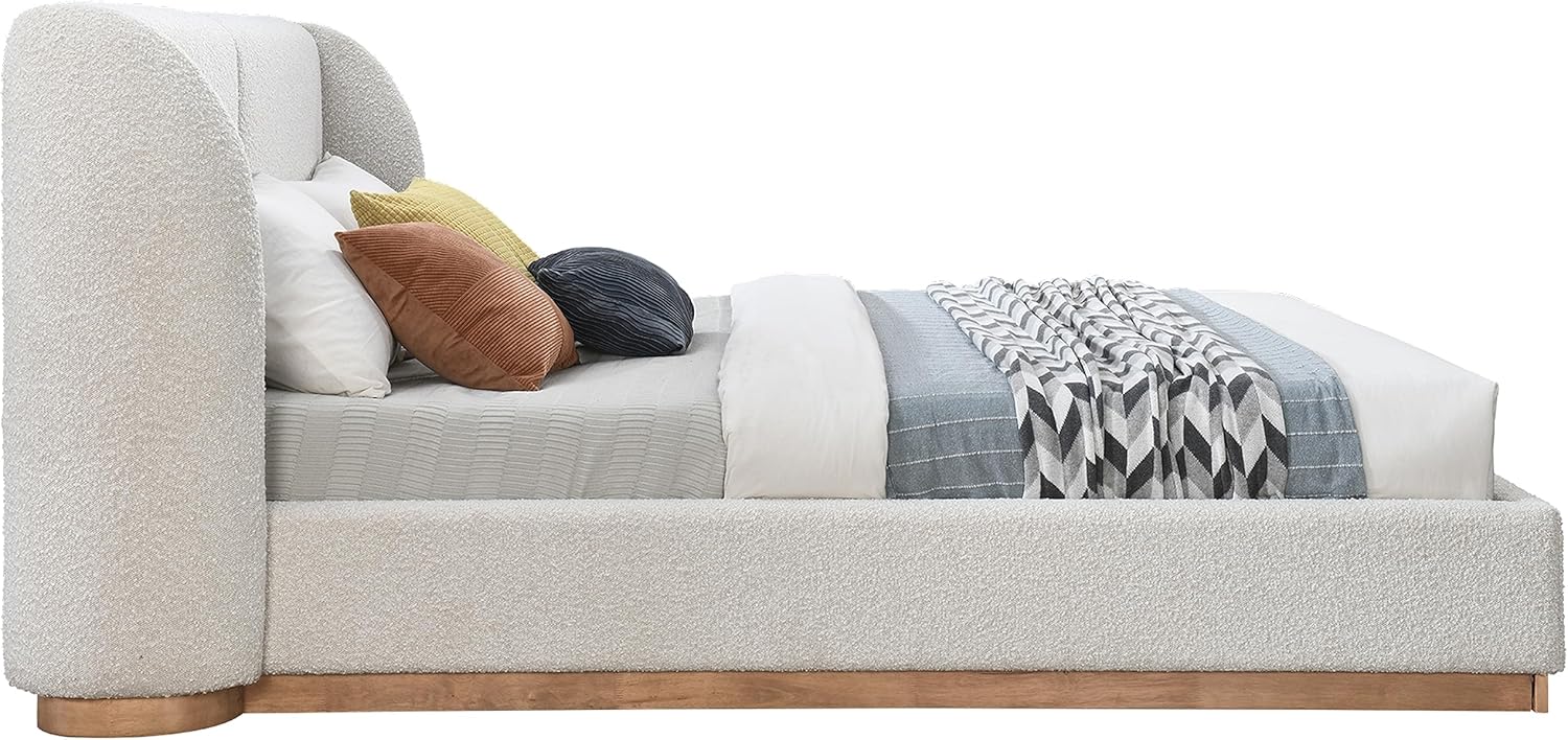 Meridian Furniture Jardin Collection Art Deco Full Rich Cream Boucle Fabric, Solid Wood Base, Rounded Wing Back Bed