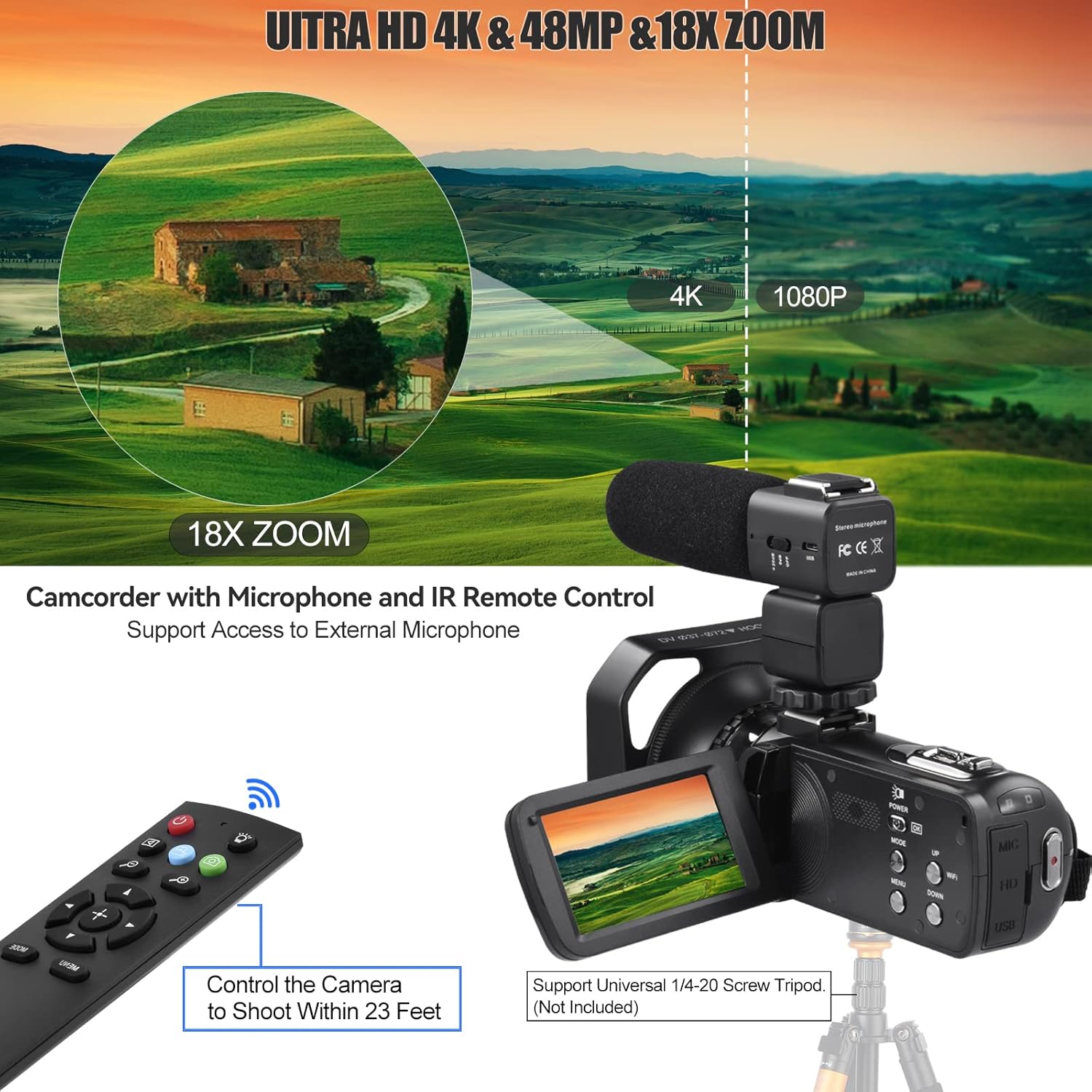 Video Camera 4K 18X Powerful Digital Zoom,48MP 3.0 Inch IPS Vlogging Camera for YouTube,270 Degree Rotation Touch Screen Camcorder with Microphone,IR Night Vision and 2 Batteries(Black)