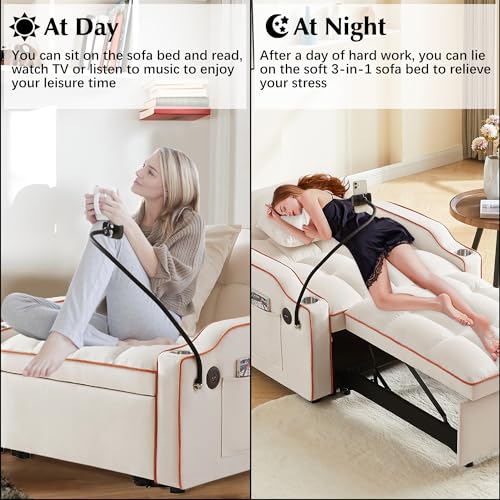 3 in 1 Sleeper Sofa Couch Bed, Velvet Convertible Single Sleeper Sofa with 3 Level Adjustable Backrest, Storage Pockets, Toss Pillows, Pull Out Single Sleeper for Living Room, Black