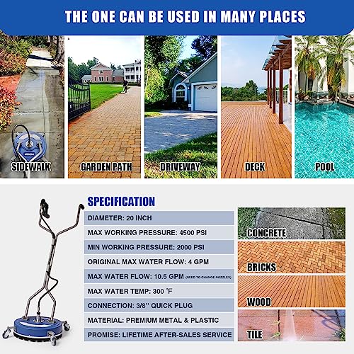 Pressure Washer Surface Cleaner 20'', 4500PSI Power Washer Surface Cleaner Attachment with Wheels, Pressure Washer Accessory for Driveway Sidewalk Curb Deck Patio Cleaning, 3/8'' Quick-Connect