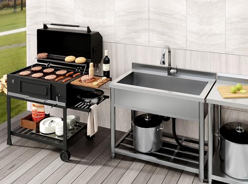 Stainless Steel Large Utility Sink Single Bowl, Freestanding Laundry Sink with Pull-Out Faucet, Utility Sink for Laundry Room, Garage, Kitchen, Outdoor/Indoor Use, W35.4" x D22.4" x H37"