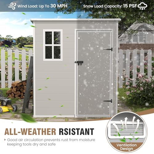 Outdoor Storage Shed, 6x6 FT Resin Shed with Floor and Lockable Door, Window, Vents, Tool Sheds and Outdoor Storage for Bike, Garden Accessories, Tools, Waterproof (Grey & White)