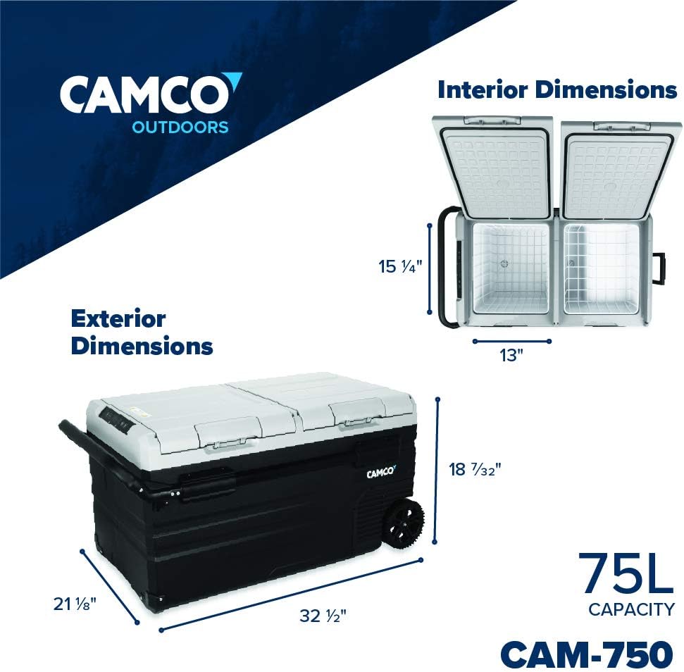 Camco 51520 CAM-750 Portable Refrigerator, AC 110V/DC 12V Compact Fridge/Freezer with Dual Zone Cooling, 75-Liter - Keeps Food and Drinks Cold While On-the-Go - Ideal for Road Trips, RVing, Camping, B
