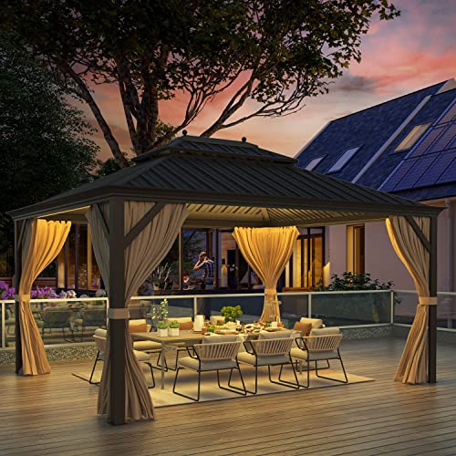 MELLCOM 12'x16' Hardtop Gazebo, Galvanized Steel Metal Double Roof Canopy with Curtains and Netting, Brown Permanent Pavilion Gazebos with Aluminum Frame for Garden, Patio, Lawns, Deck
