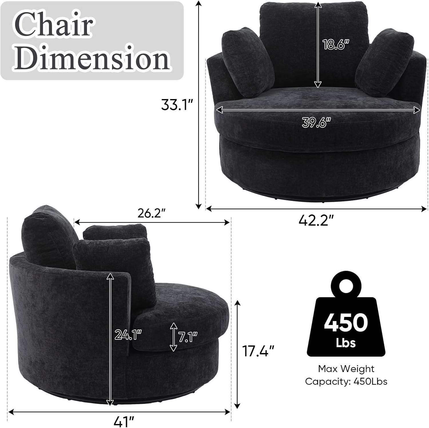 Swivel Barrel Chair for Living Room, Modern Round Swivel Chair Sofa Chair Chenille Club Chair Boucle Chair Armchair Decorative Furniture Nursery Chair, Bedroom, Classroom Corner Chair (Black)
