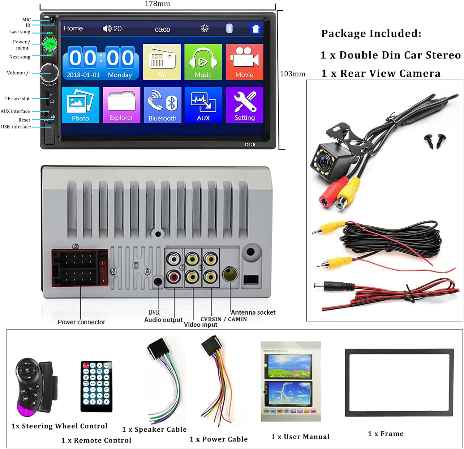 Car Stereo Double Din Car Radio 7 Inch HD Player MP5 Touch Screen Digital Display Bluetooth Multimedia 2 Din FM Radio Receiver AUX In USB TF Card Input Mobile Mirror Link with 12 LED Car Backup Camera