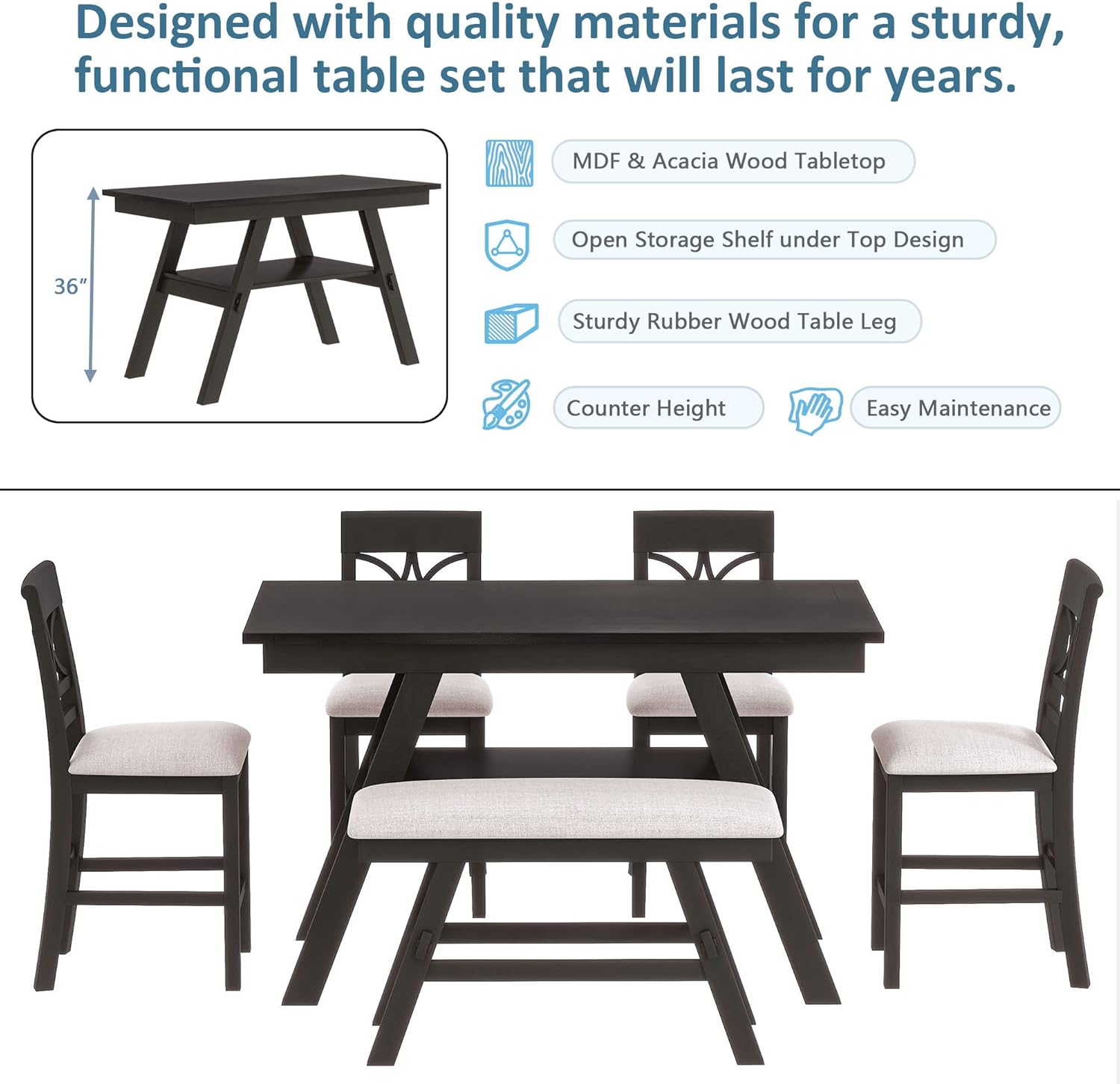 LUMISOL Dining Table Set for 6, Farmhouse Kitchen Table Set with Storage Shelf, 4 Upholstered Chairs and 1 Bench, 6 Piece Counter Height Dining Table Set for Kitchen, Dining Room, Espresso+ Beige