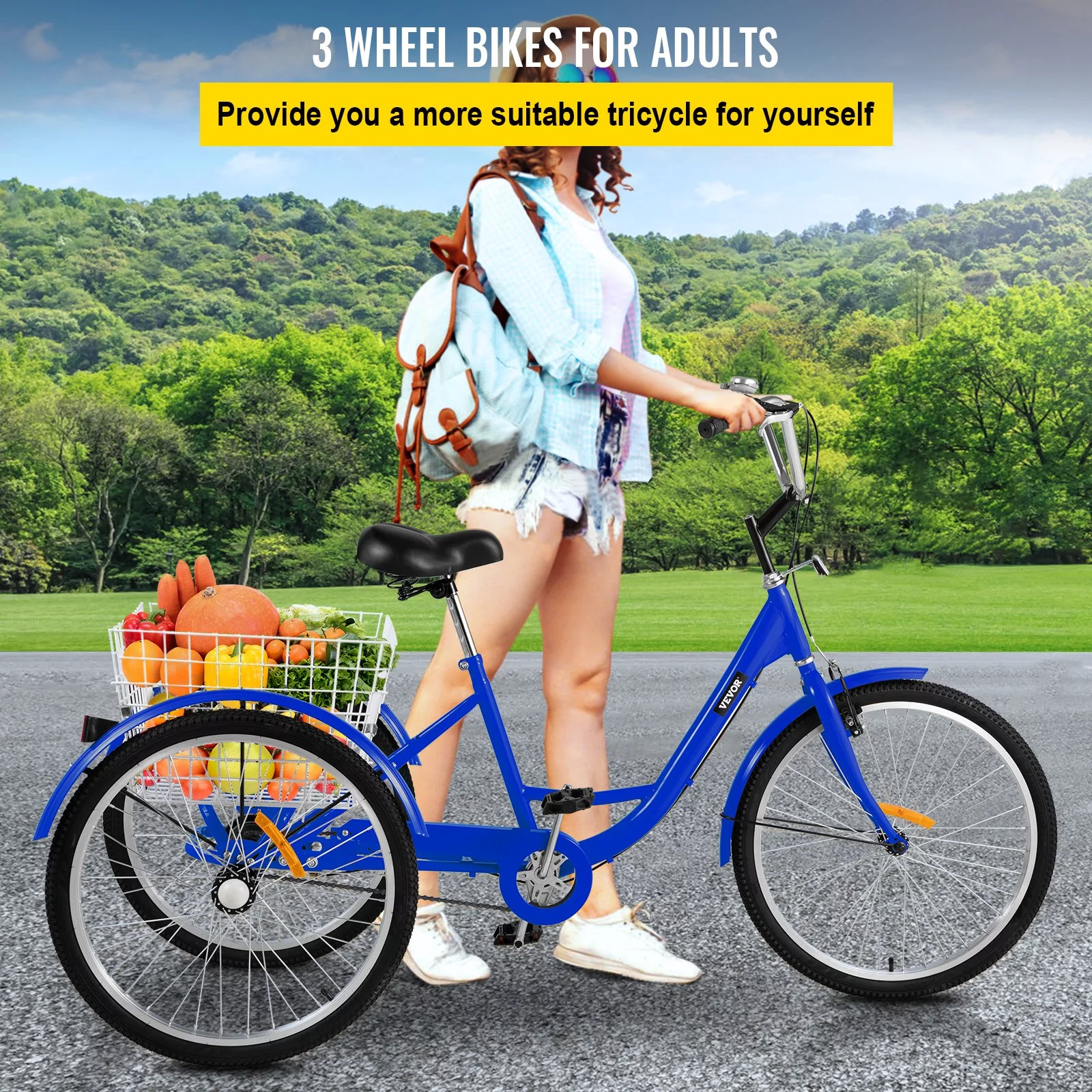 VEVOR Adult Tricycle 24" Single Speed Three Wheel Bike with Bell Brake System and Basket Cruiser Bicycles Large Size for Shopping,Blue
