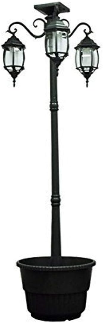 Solar LED Lamp Post and Planter with Three Outdoor Solar Lights, Black Finish, for Garden, Patio, Porch, and Yard by Sun-Ray