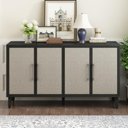 Light Luxury Style Accent Storage Cabinet with 4 Linen Cabinet Doors and Adjustable Shelves, 59.8" Wooden Sideboard Console Table with Metal Handles for Living Room, Study Room, Entrance (Beige-08)