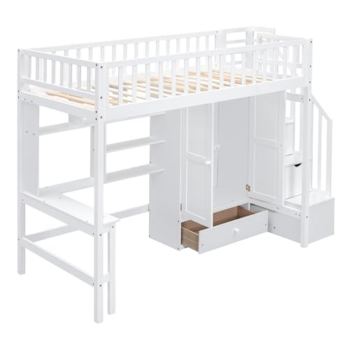 Full Size Loft Bed with Wardrobe Desk Storage Stairs, Wood Loft Bed Frame with Bookcase and Drawers, High Loft Bedframe for Kids Teens Adults, No Box Spring Needed, Espresso
