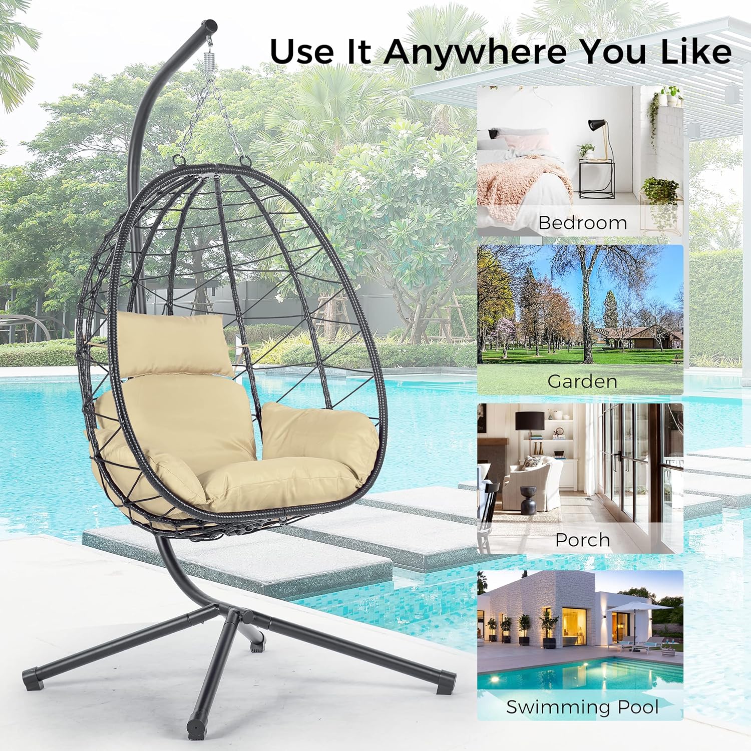 Indoor outdoor egg chair with stand, rattan hanging outdoor hanging chair with cushion, egg shaped hanging basket hammock chair for bedroom, living room and balcony