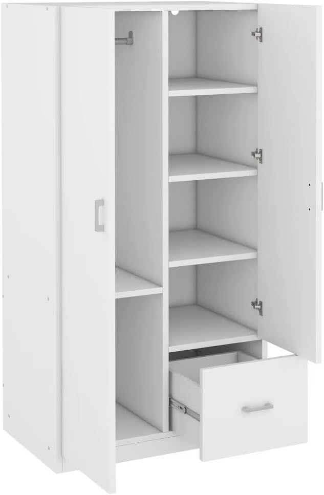 Wooden Wardrobe with Double Doors, 2 Door Wood Wardrobe with 5 Fixed Shelves, One Storage Drawer, Modern Armoire Wardrobe Closet with Hanging Rod (White)
