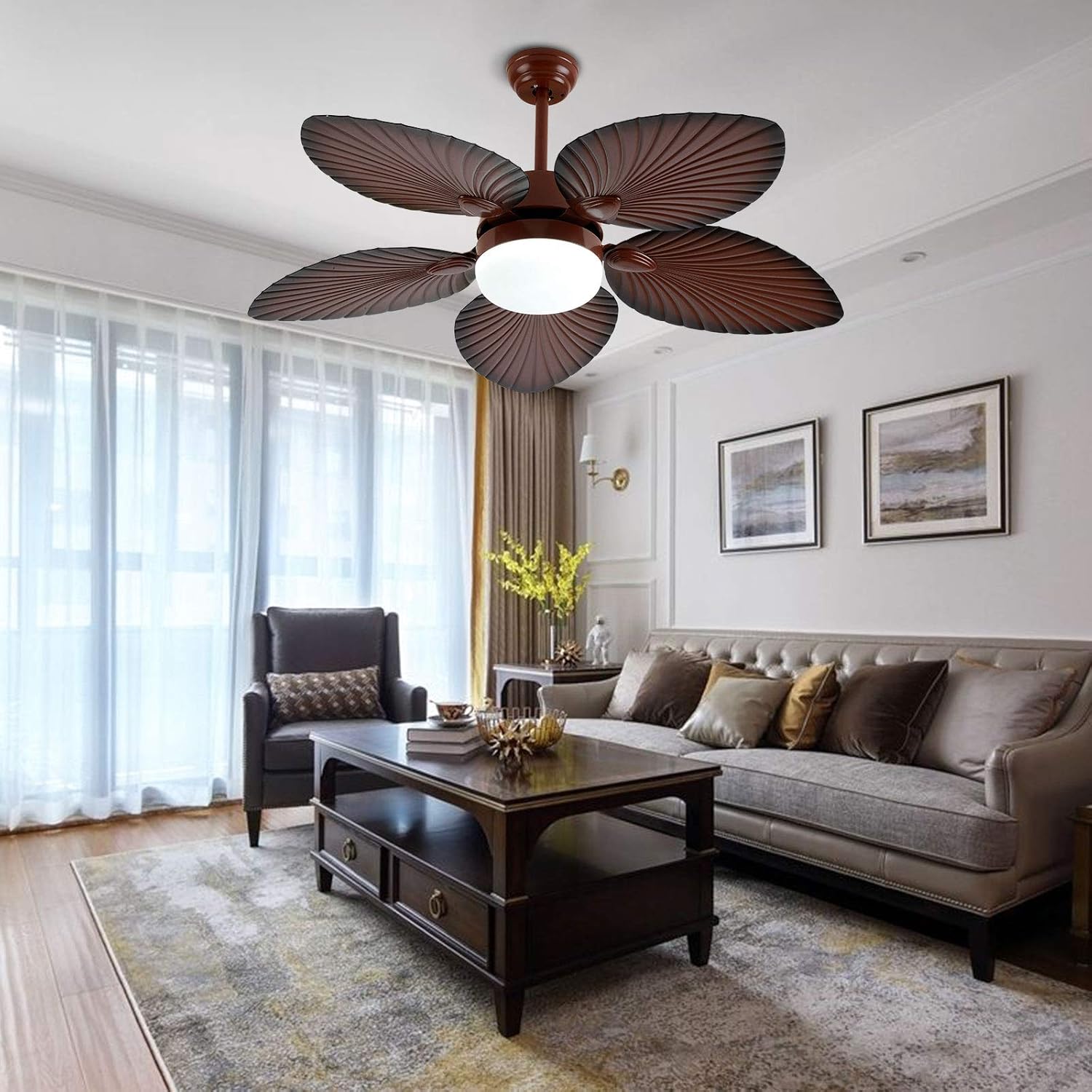 Tropical Ceiling Fans with LED Light 52 Inch Palm Leaf Fanlight 5 ABS Palm Blades 3-Speed&3 Color Changes Chandelier Lighting Fixture w/Remote for Bedroom Restaurant Kitchen Bedroom Living Room